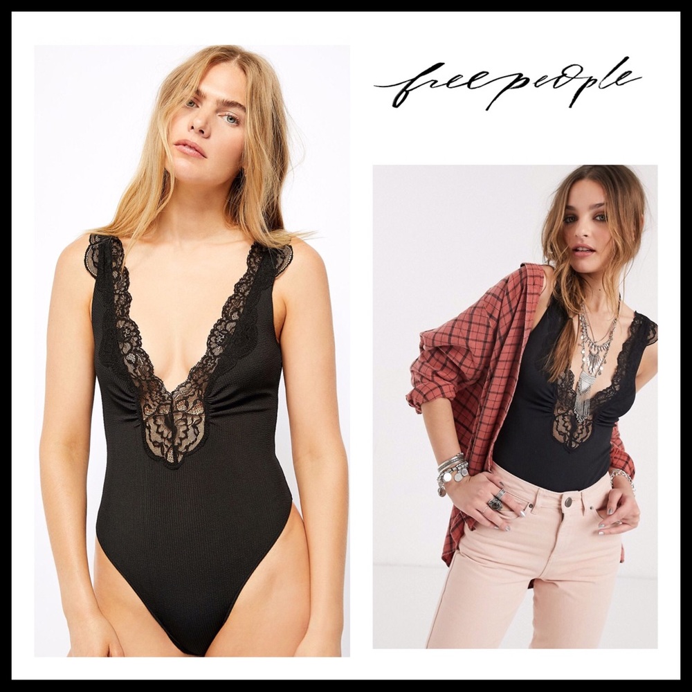 FREE PEOPLE BOHO LACE BODYSUIT KNIT TANK TOP A2C - Picture 1 of 16